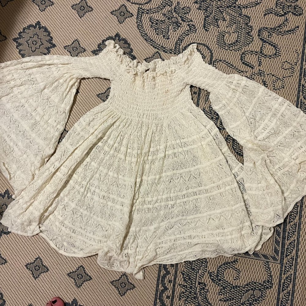 FREE PEOPLE CREAM OFF THE SHOULDER CROCHET TUNIC